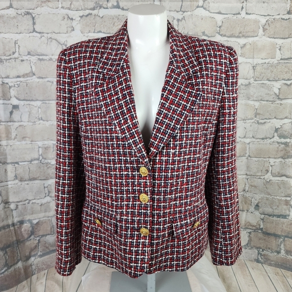 Vintage 80s Boucle Single Breasted Blazer Red White Blue Lion Insignia Buttons - Picture 3 of 15